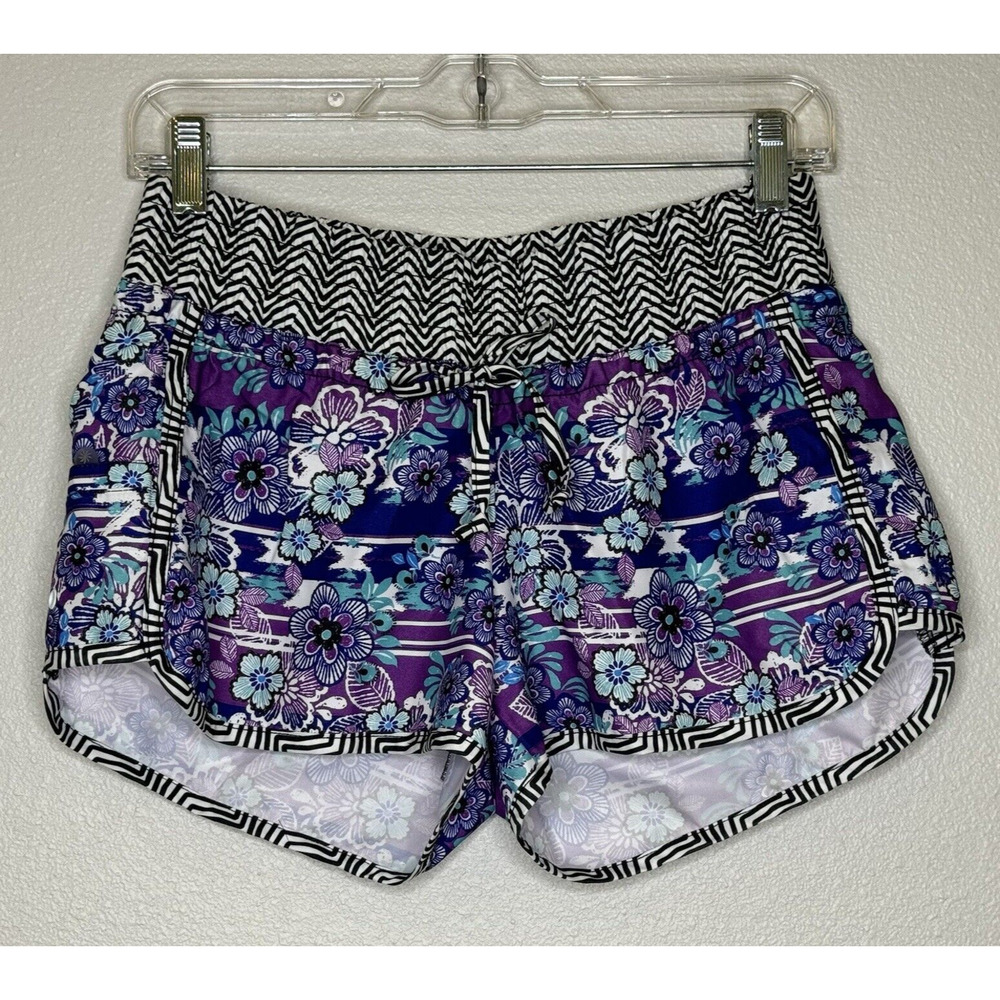 Athleta Lanai Board Shorts Poseidon Blue Floral Black Chevron Trim Womens Size 2